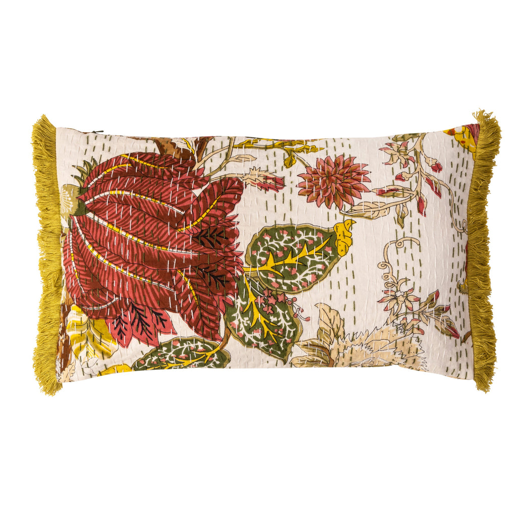 Cushion Cover FLORAL 30x50cm - Ivory with green fringe