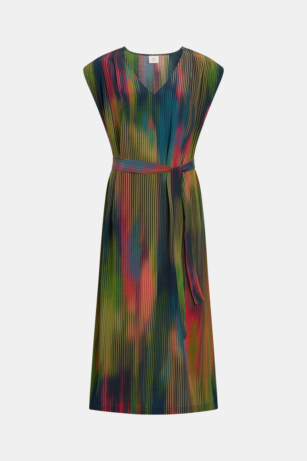 The Kirra Dress in Arran Stripe Print featuring a relaxed silhouette, V-neck, and optional belt.