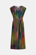 The Kirra Dress in Arran Stripe Print featuring a relaxed silhouette, V-neck, and optional belt.