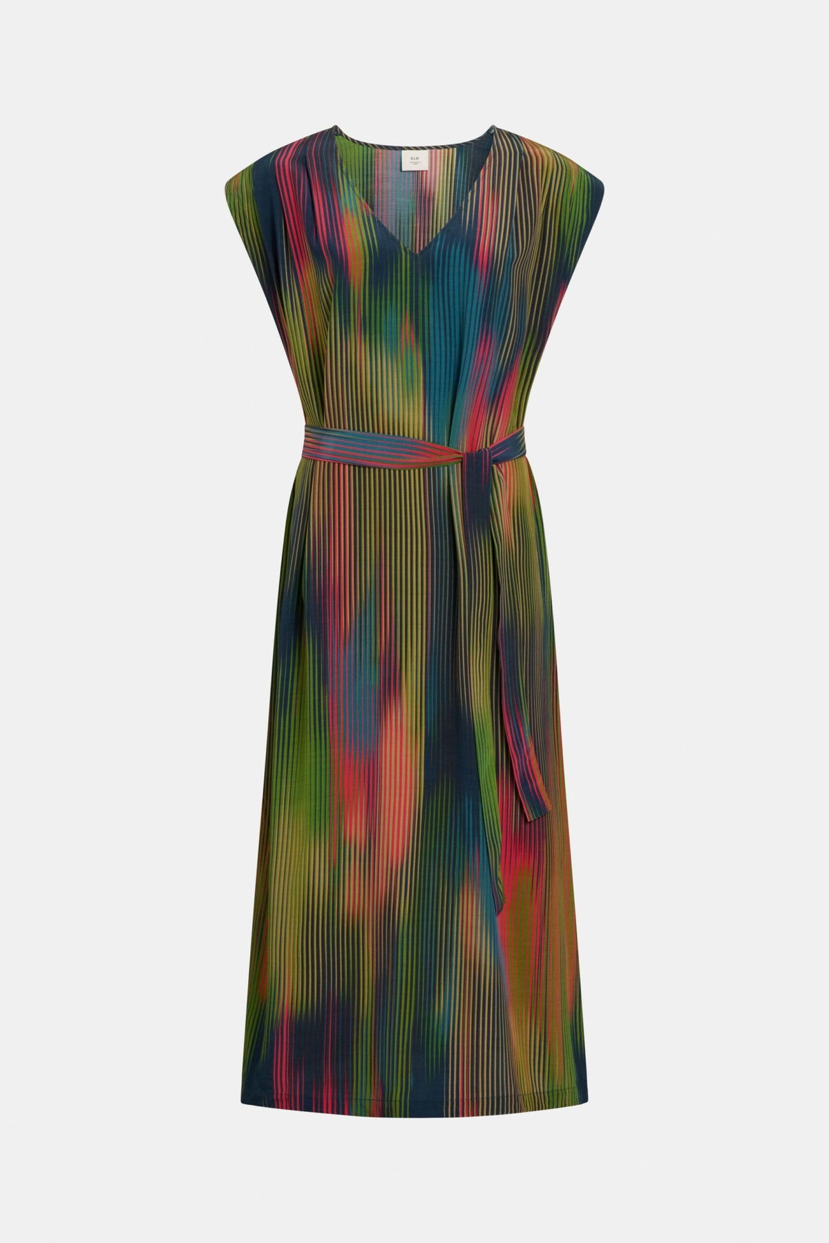 The Kirra Dress in Arran Stripe Print featuring a relaxed silhouette, V-neck, and optional belt.
