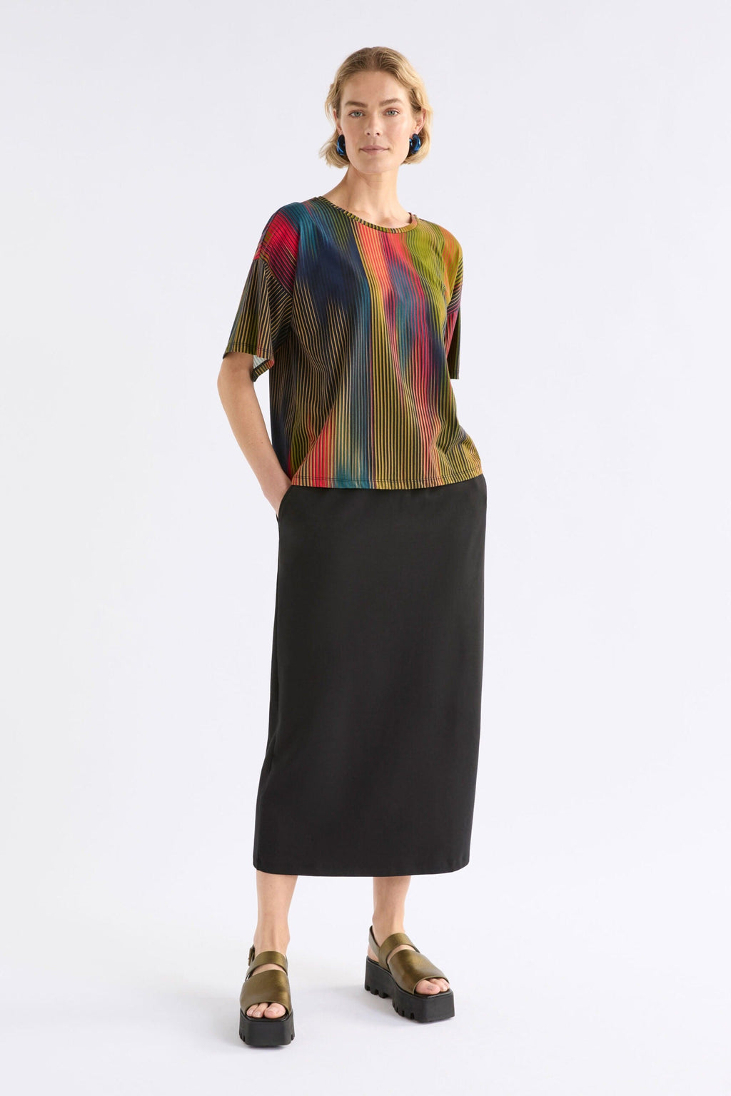 Kyla Tee Arran Stripe Print styled with skirt