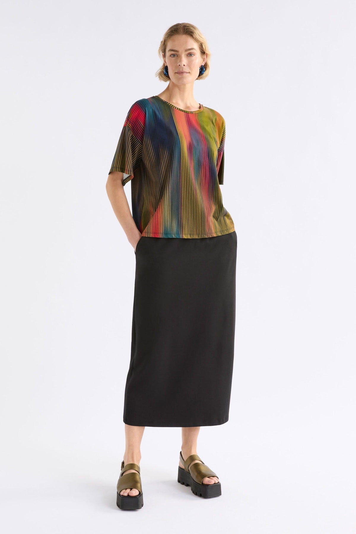 Kyla Tee Arran Stripe Print styled with skirt