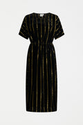 Velvet fabric with subtle metallic stripe and adjustable drawstring waist for custom fit