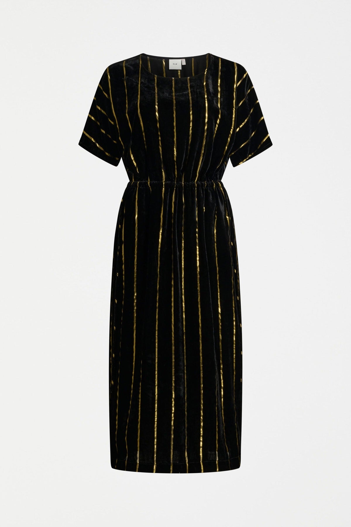 Velvet fabric with subtle metallic stripe and adjustable drawstring waist for custom fit