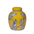 Chelsea yellow blue & white ceramic jar with bird and floral detailing