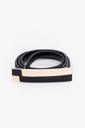 Elegant black and gold metallic stretch belt with statement clasp.