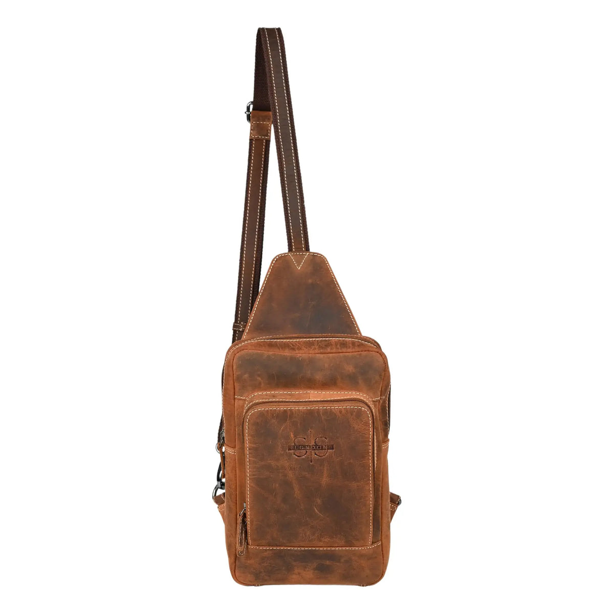 S&S London Sling Bag in tan is a crossbody bag with 2 main zippered compartments and an additional back pocket.