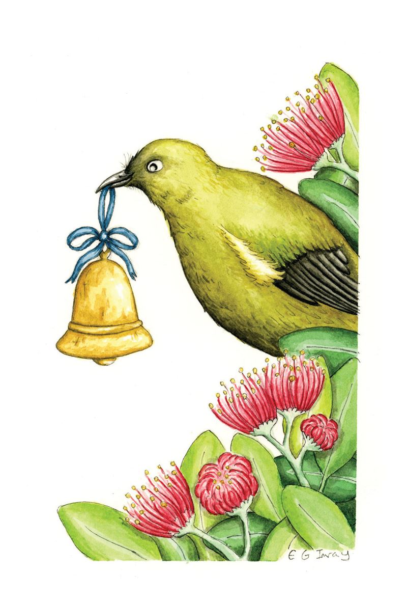 Bellbird With Bell And Pohutukawa - Christmas Card