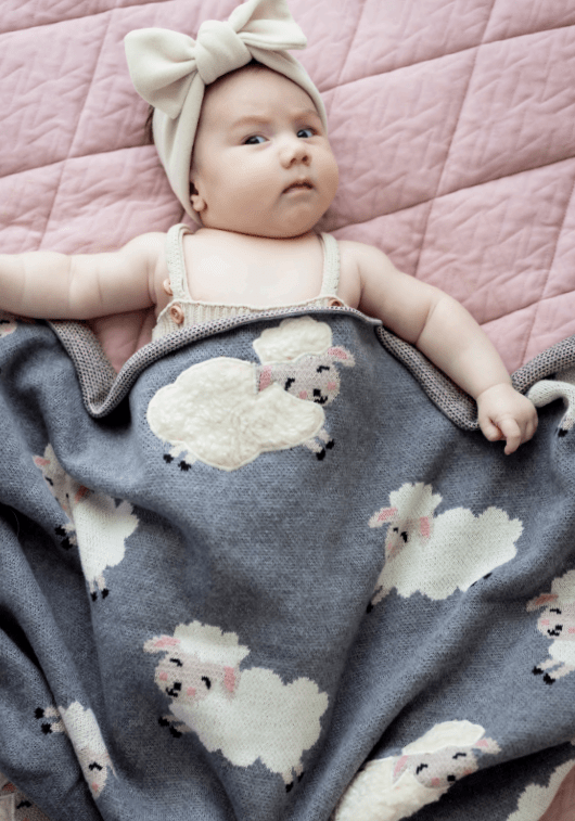 Bo Peep Baby Blanket grey cotton baby blanket with white sheep design and fluffy sheep detail