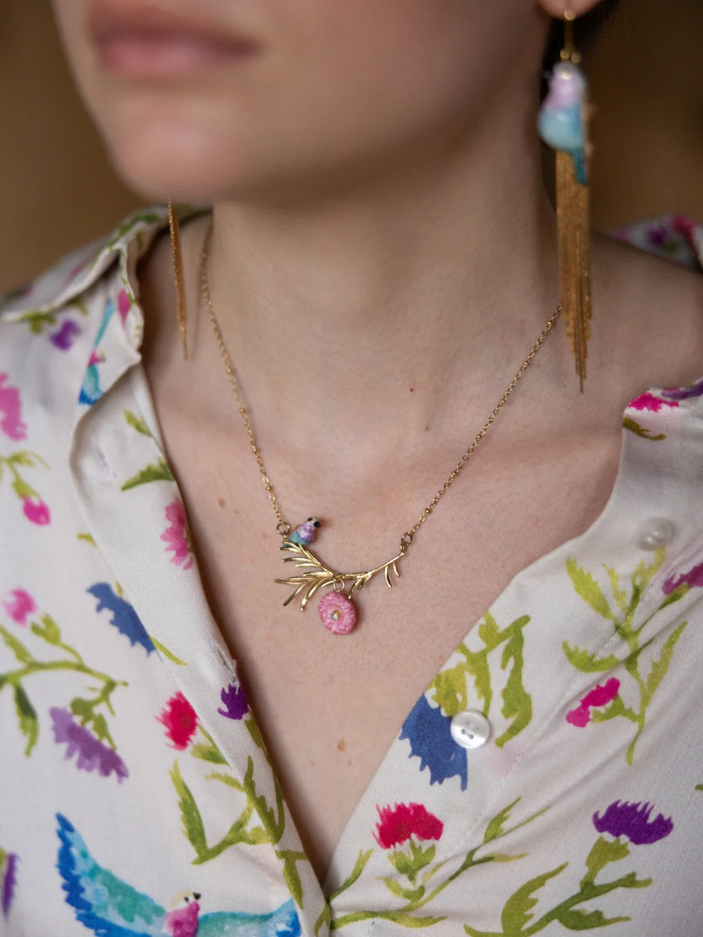 Branch necklace, Roller bird and thistle