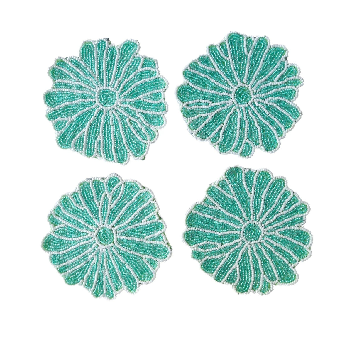 Beaded Flower Coasters Blue set of 4 – handmade blue beaded flower design