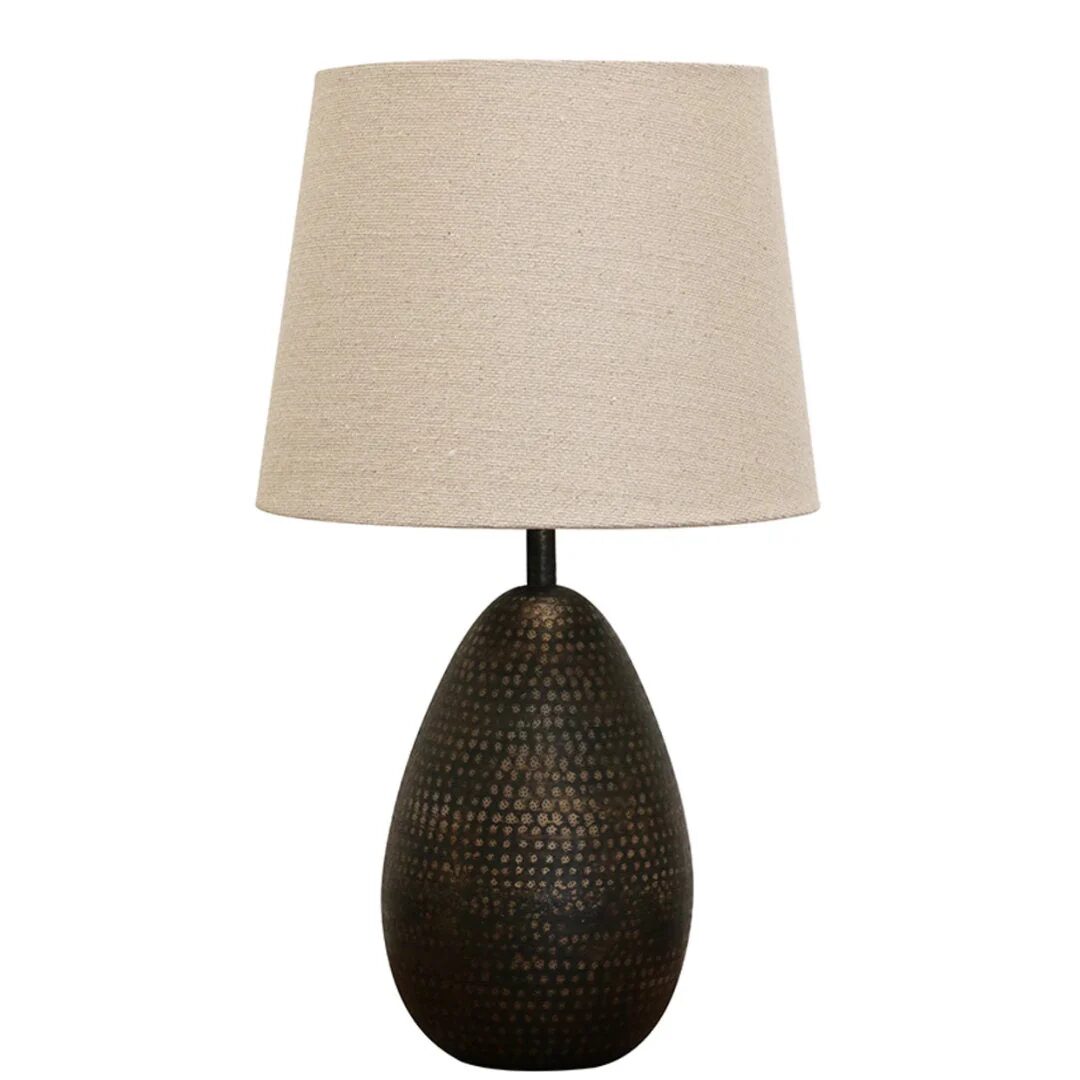Delhi Oval Small Beaten Lamp Base & Raw Linen Shade (36cm)