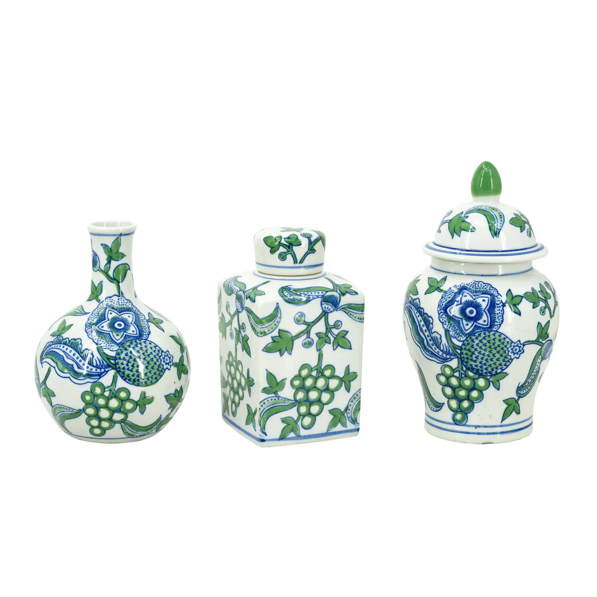 Cherry Blossom Jar & Vase Set with classic Blue, White & Green detailing