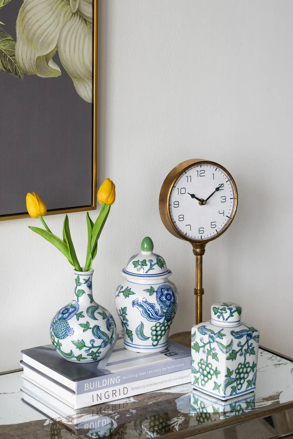 Cherry Blossom Blue Green & White Lidded Jar and Vase Set