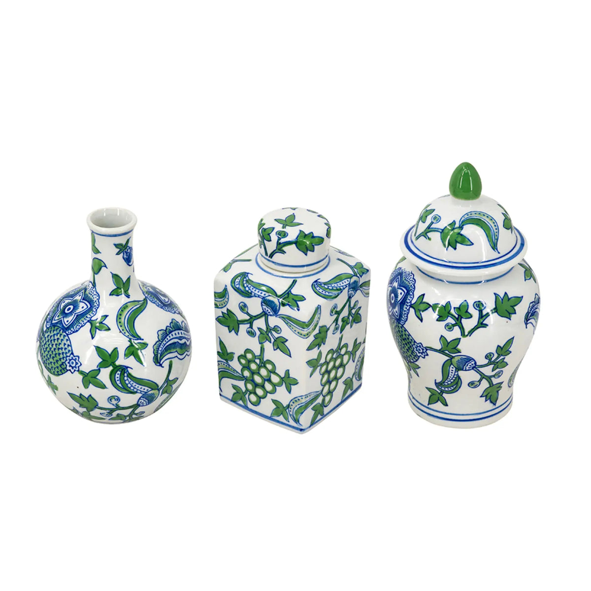 Cherry Blossom Blue Green & White Lidded Jar and Vase Set