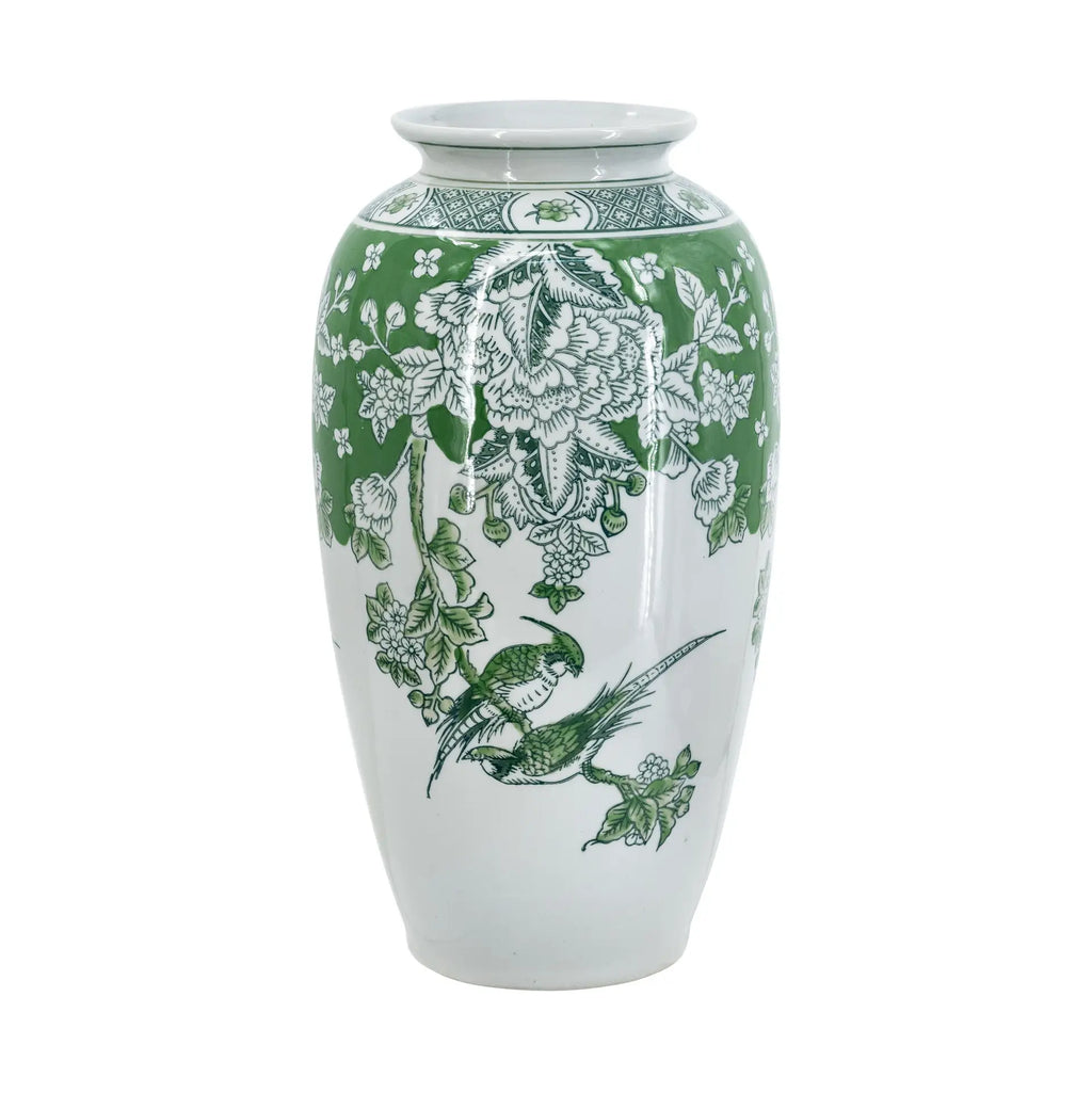 Green & white porcelain vase -decorative vase for home styling with a classic bird and foliage detailing