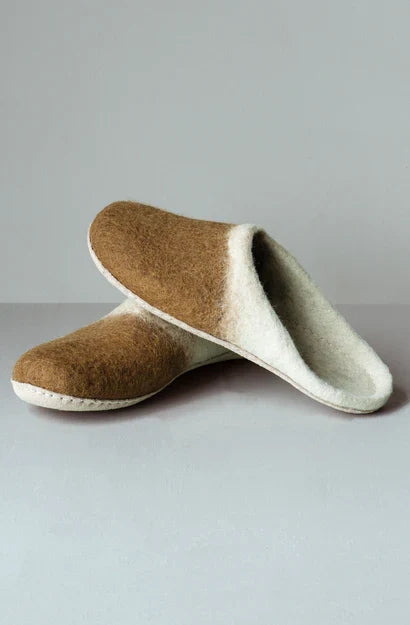 Feruto Felt Slide Slippers - Soft slide slippers made of 100% Fair Trade Certified NZ felted wool. In an Ochre and Natural colour.
