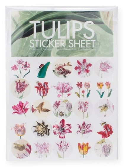 Tulips sticker set featuring details from paintings by Jacob Marrel and Maria Sibylla Merian