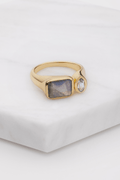 Hazel Ring featuring Labradorite & Blue Topaz set side-by-side.