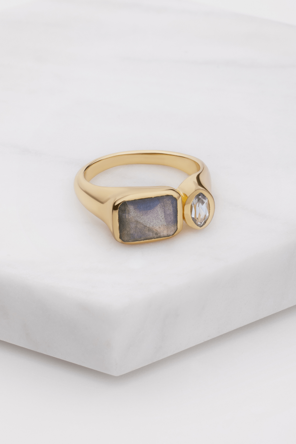 Hazel Ring featuring Labradorite & Blue Topaz set side-by-side.