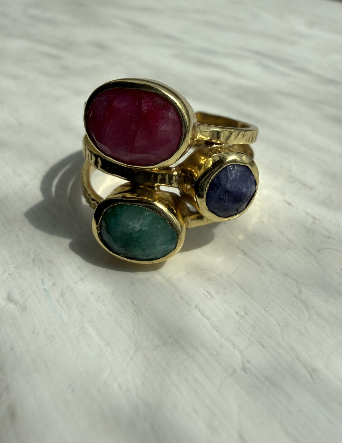 Handmade Ruby Sapphire and Emerald Corundum Ring with colourful semi‑precious stones.
