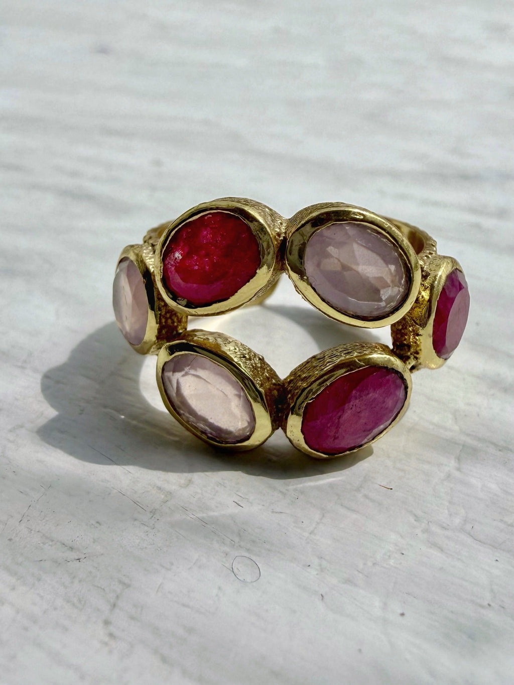 Handmade Rose Quartz and Ruby Corundum Ring featuring blush and ruby hues on gold.