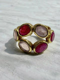 Handmade Rose Quartz and Ruby Corundum Ring featuring blush and ruby hues on gold.