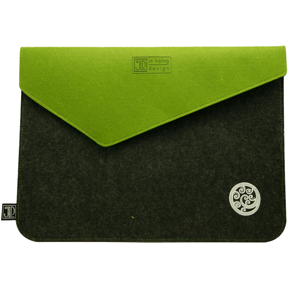 Eco Felt Document Bag features a fold-over front flap with a snap fastener, and a zippered pocket on the reverse