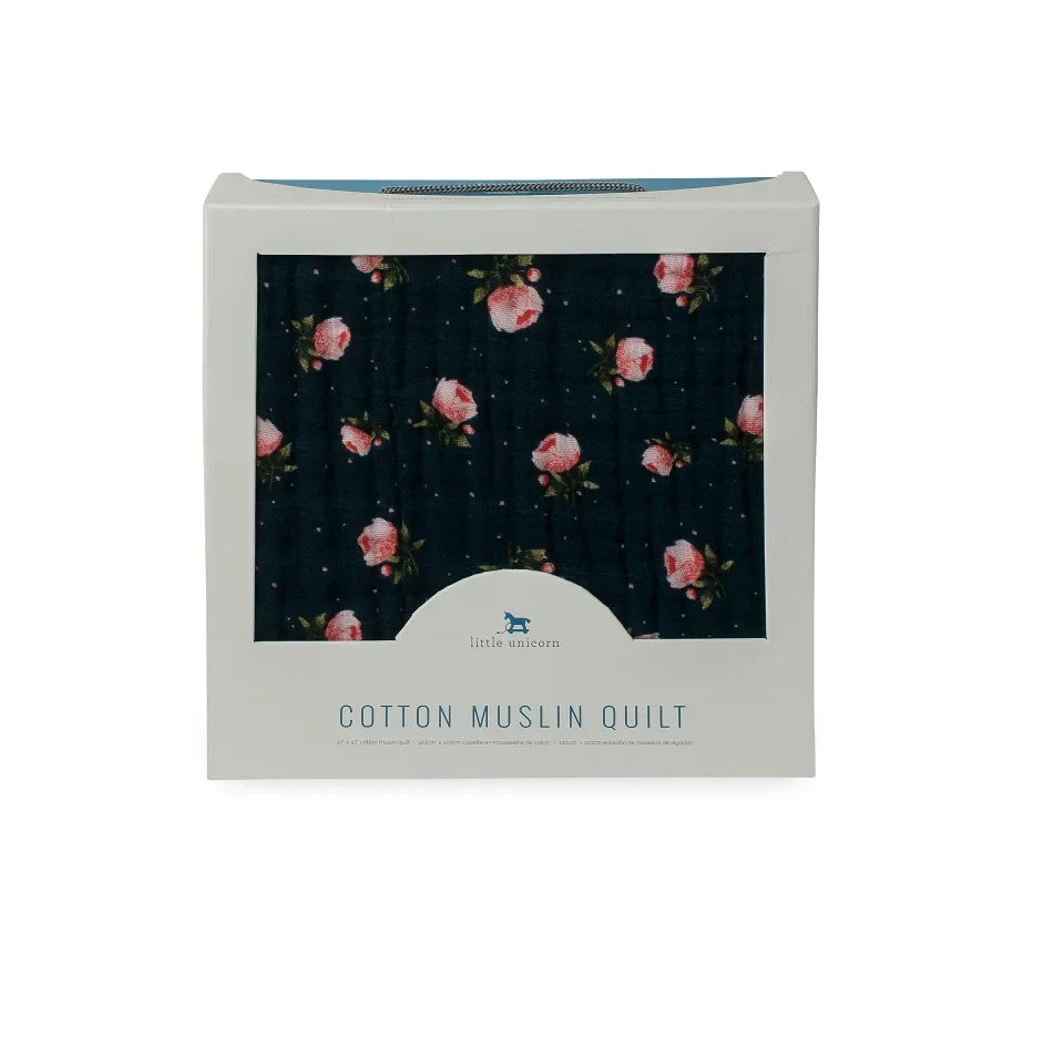 Little Unicorn Cotton Muslin Quilt in original printed design – four-layered, soft, breathable, 100% cotton muslin blanket for babies and toddlers.