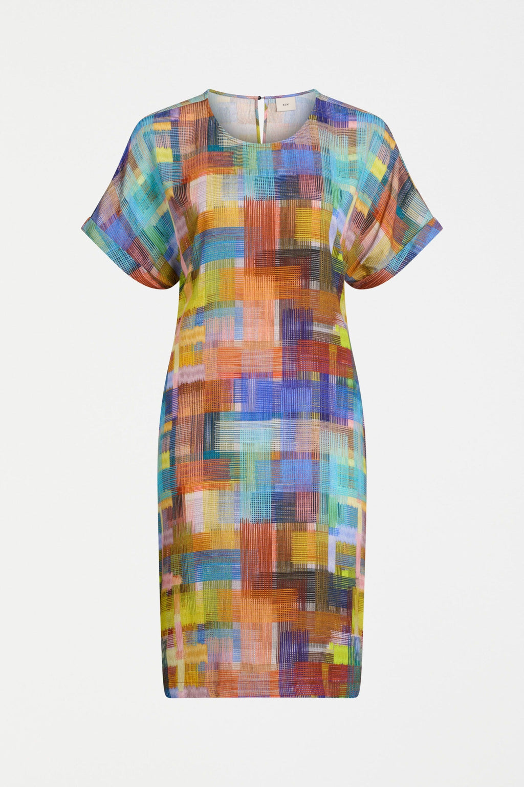 Nidra Dress in Elbrus Print – lightweight viscose shift with multi-colour abstract check pattern