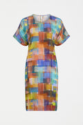 Nidra Dress in Elbrus Print – lightweight viscose shift with multi-colour abstract check pattern