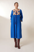 Rom Losange Dress front view – embroidered panel, organic cotton