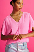 Georgie Blooming Pink Top is a plain pink top with flowy short off-shoulder sleeves