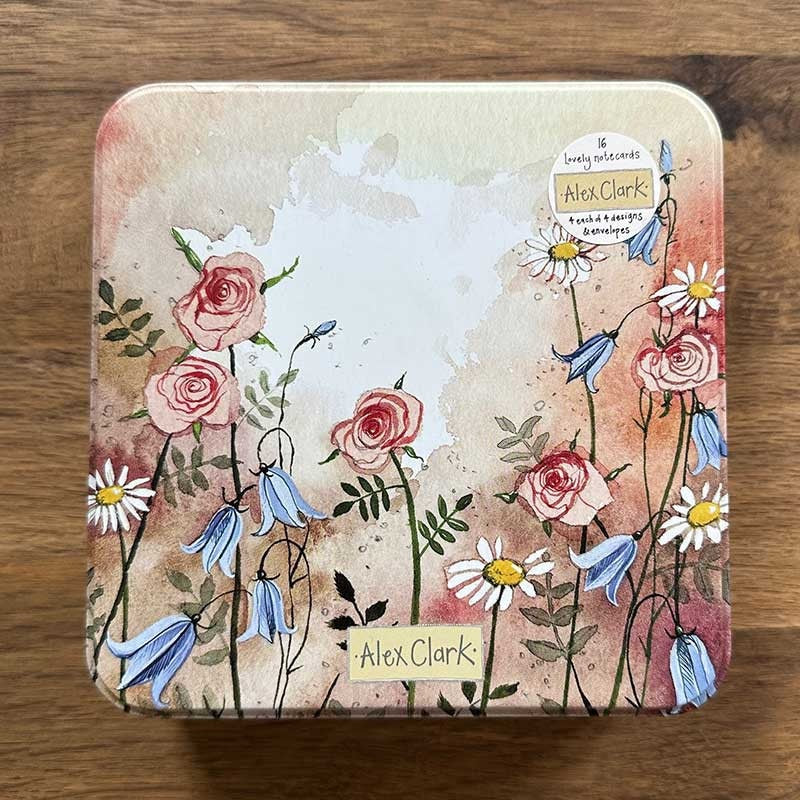 Floral Pinks Notecard Tin – set of 16 blank floral cards in decorative tin