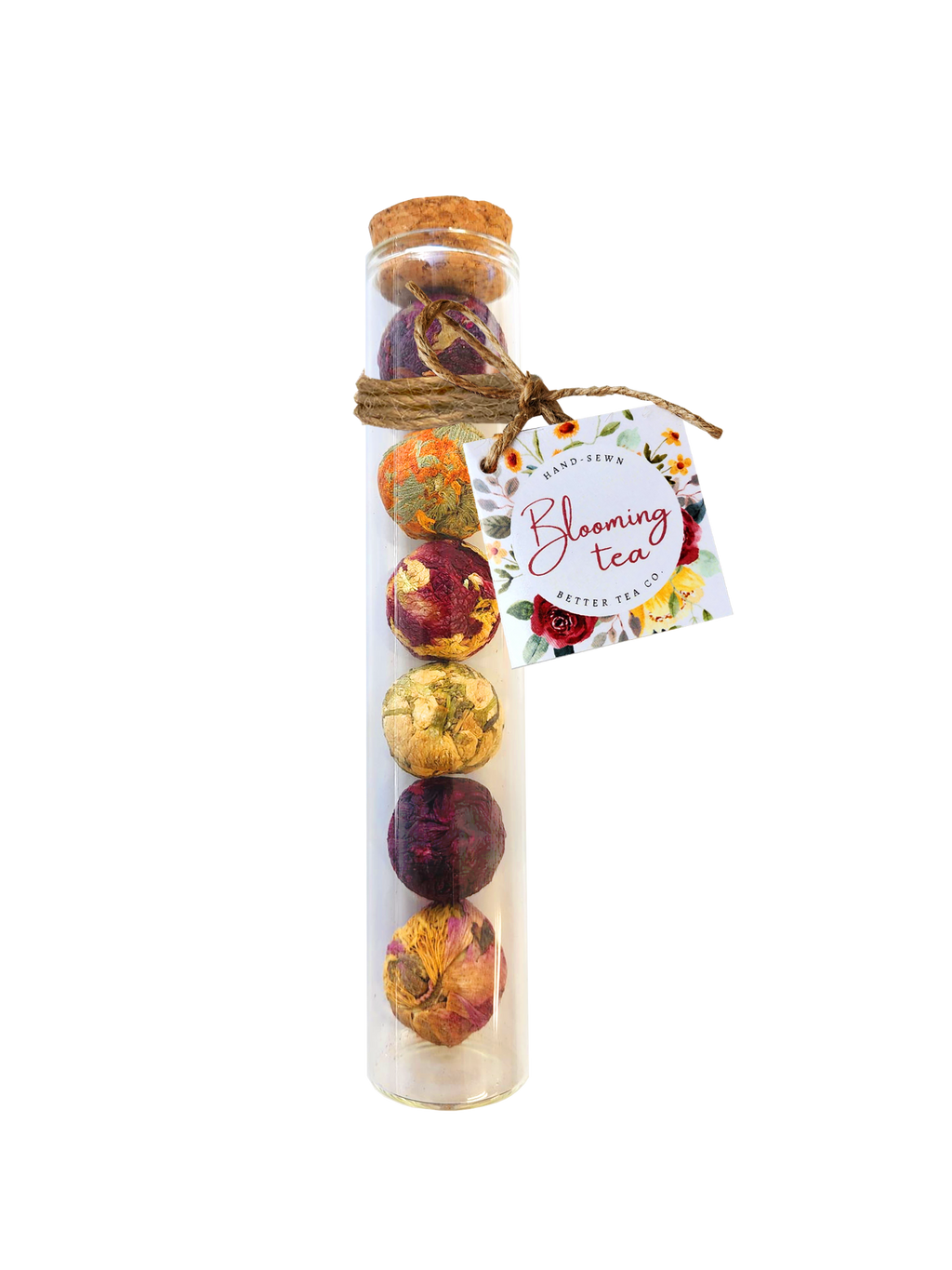 Blooming Tea - Set of 6 balls in a glass tube with cork stopper.