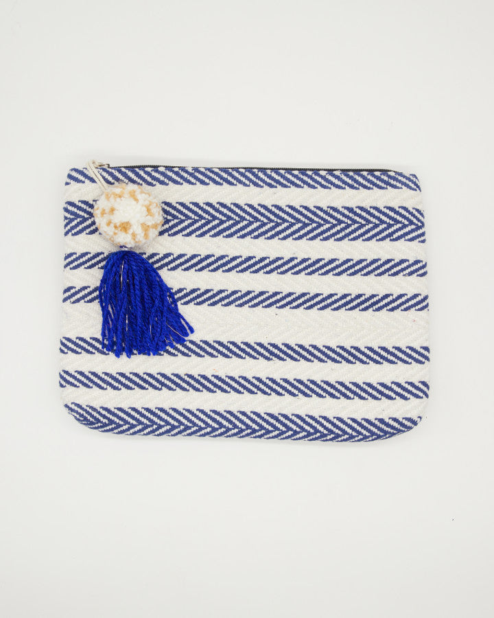 Large pouch with pompom and tassel - Navy Herringbone