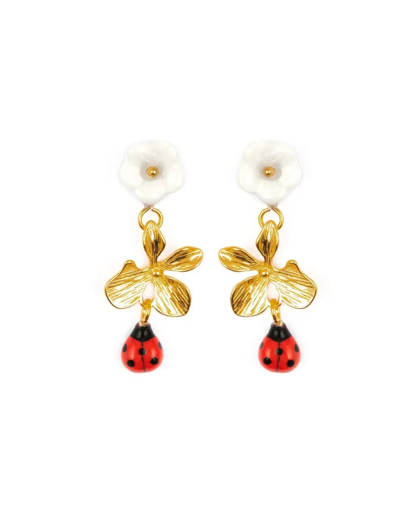 Nach Earring Ladybug & Flowers